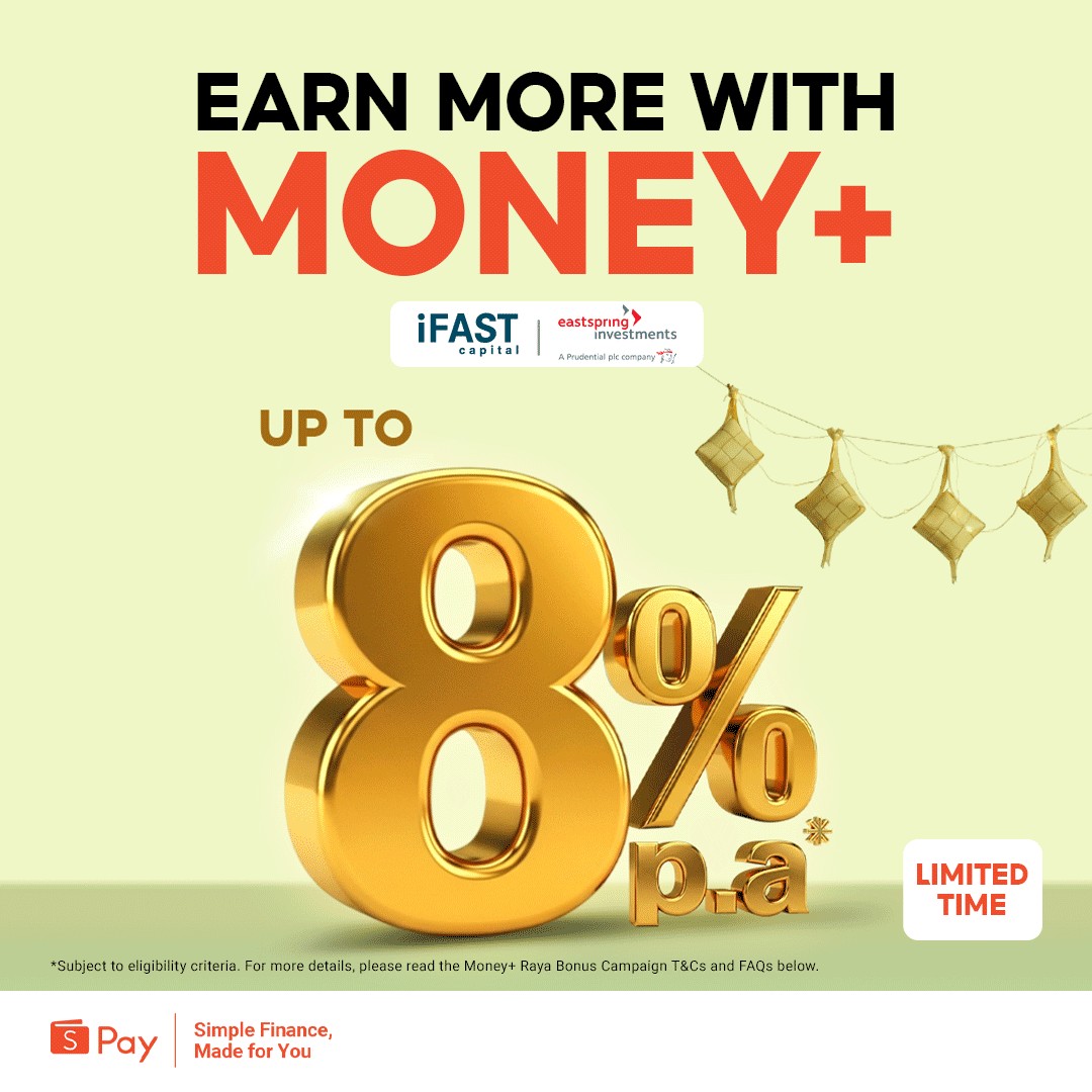 ShopeePay Money+ Raya Bonus campaign 8% p.a. daily returns illustration
